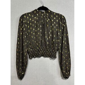 French Kiss Womens Size M Black Gold Metallic Print Open Back Cropped Blouse